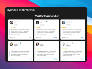 Testimonial grid showing name, role, company, and quote